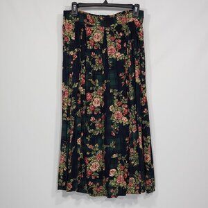 Vintage Lemon Grass  Blue Plaid & Floral Roses Full Skirt   Pleated  Size S